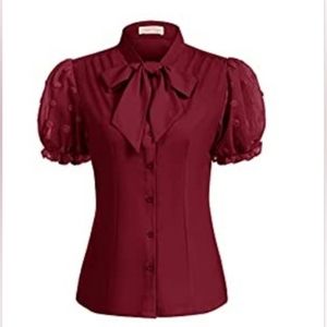 Belle Poque Short Sleeve Button Down Blouse | Size XL | Wine Red